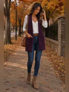 LOFT Maroon Sleeveless Duster Cardigan Vest Pockets Size S